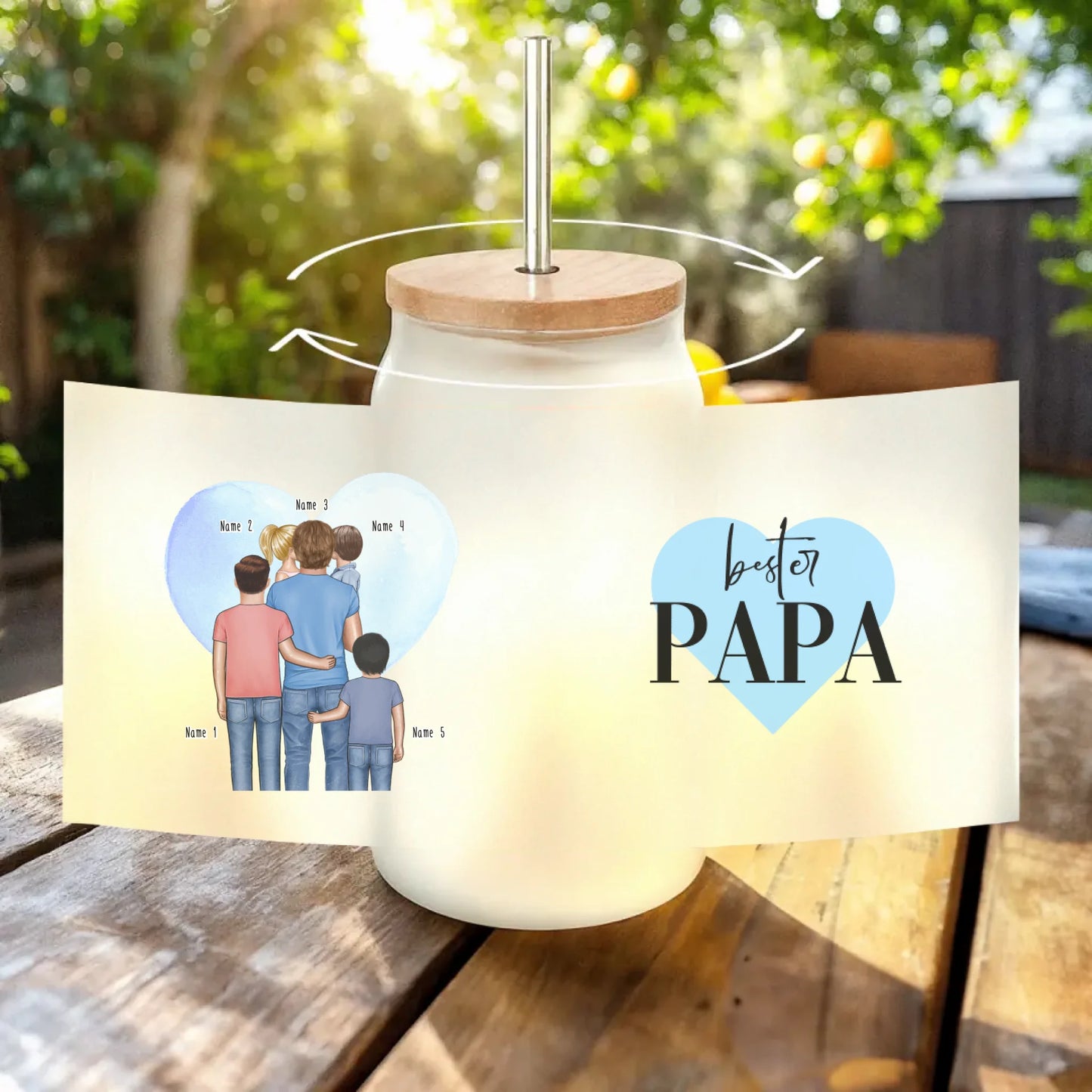 Personalisiertes Trinkglas mit Strohhalm - Papa mit 1-4 Kindern