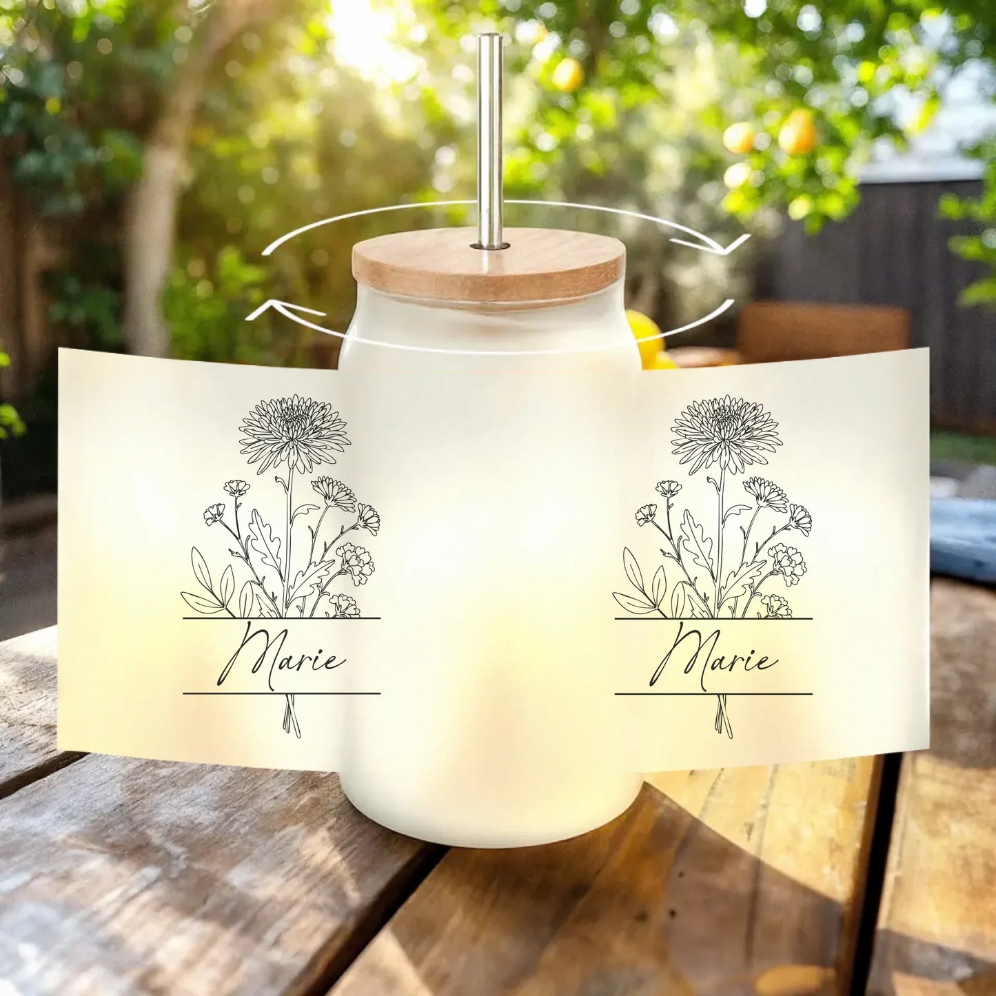 Personalisiertes Trinkglas mit Strohhalm - Geburtsblume