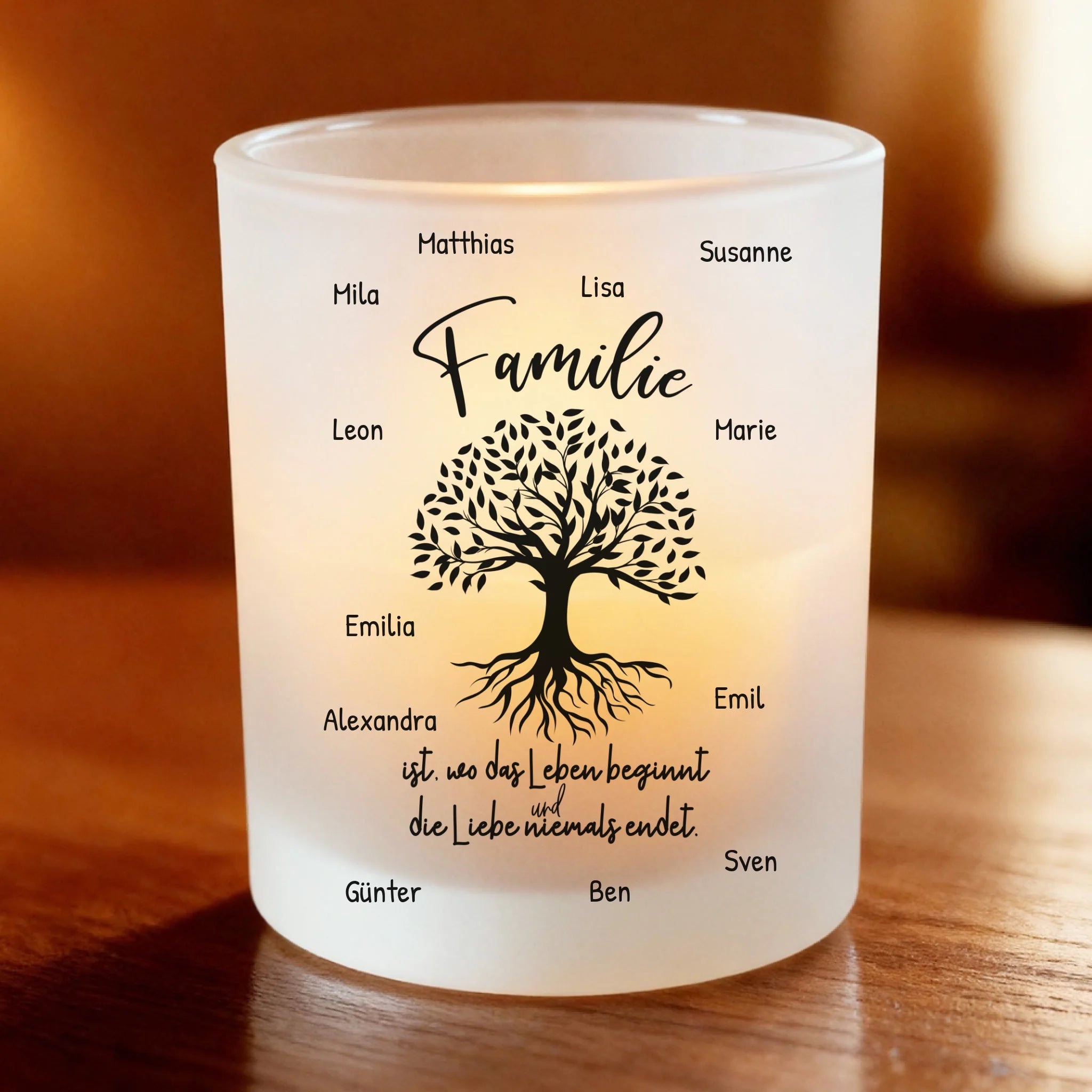 Personalisiertes Teelicht (Satin) - Familie ist wo Leben beginnt und die Liebe niemals endet