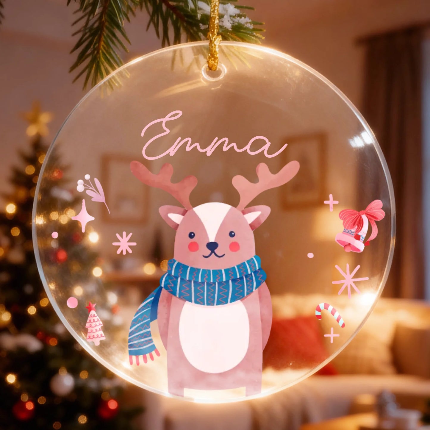 Personalisierter Weihnachtsbaumanhänger - Weihnachtstiere + Name des Kindes (transparent)