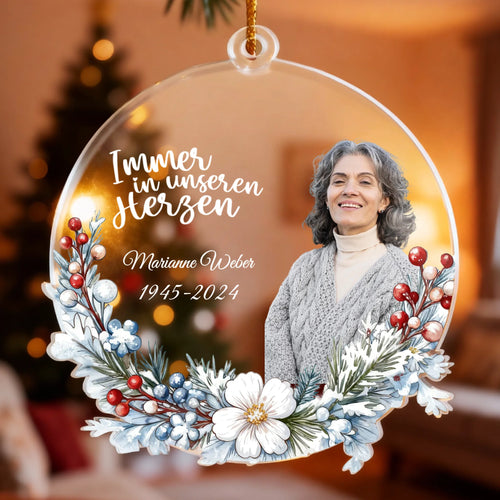 Personalisierter Weihnachtsbaumanhänger - Gedenk Anhänger mit Bild - Immer in unseren Herzen - Traueranhänger