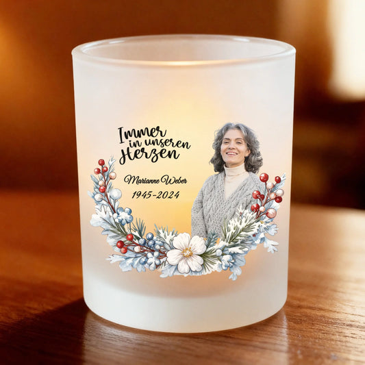 Personalisiertes Teelicht (Satin) - Gedenk Teelicht mit Bild - Immer in unseren Herzen
