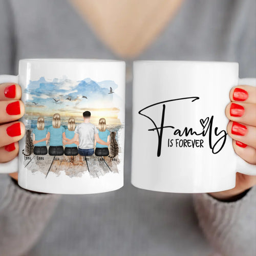 Personalisierte Tasse mit Familie (3 Teenagerinnen + 2 Katzen)