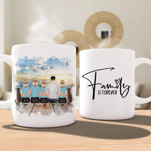Personalisierte Tasse mit Familie (3 Teenagerinnen + 2 Katzen)