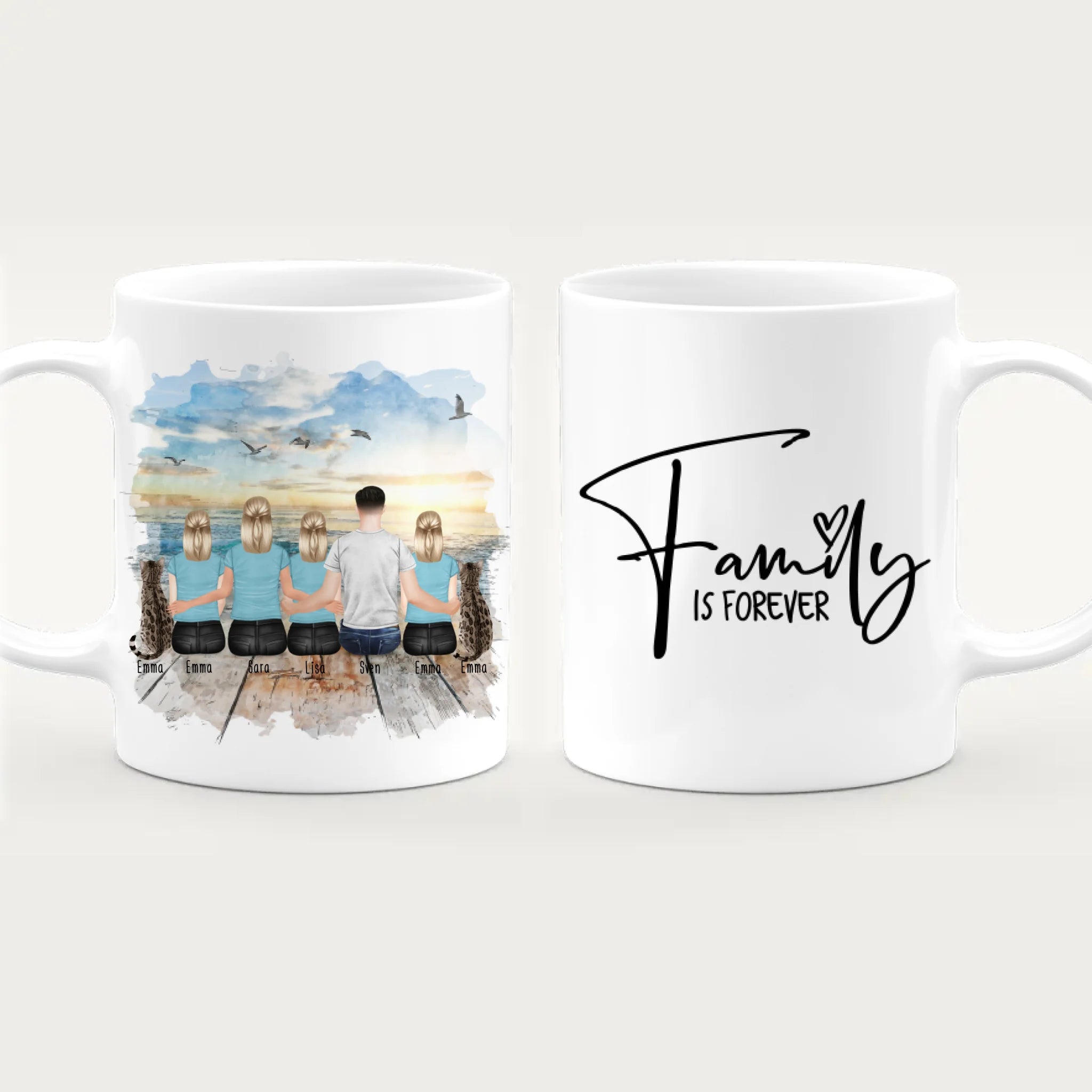 Personalisierte Tasse mit Familie (3 Teenagerinnen + 2 Katzen)