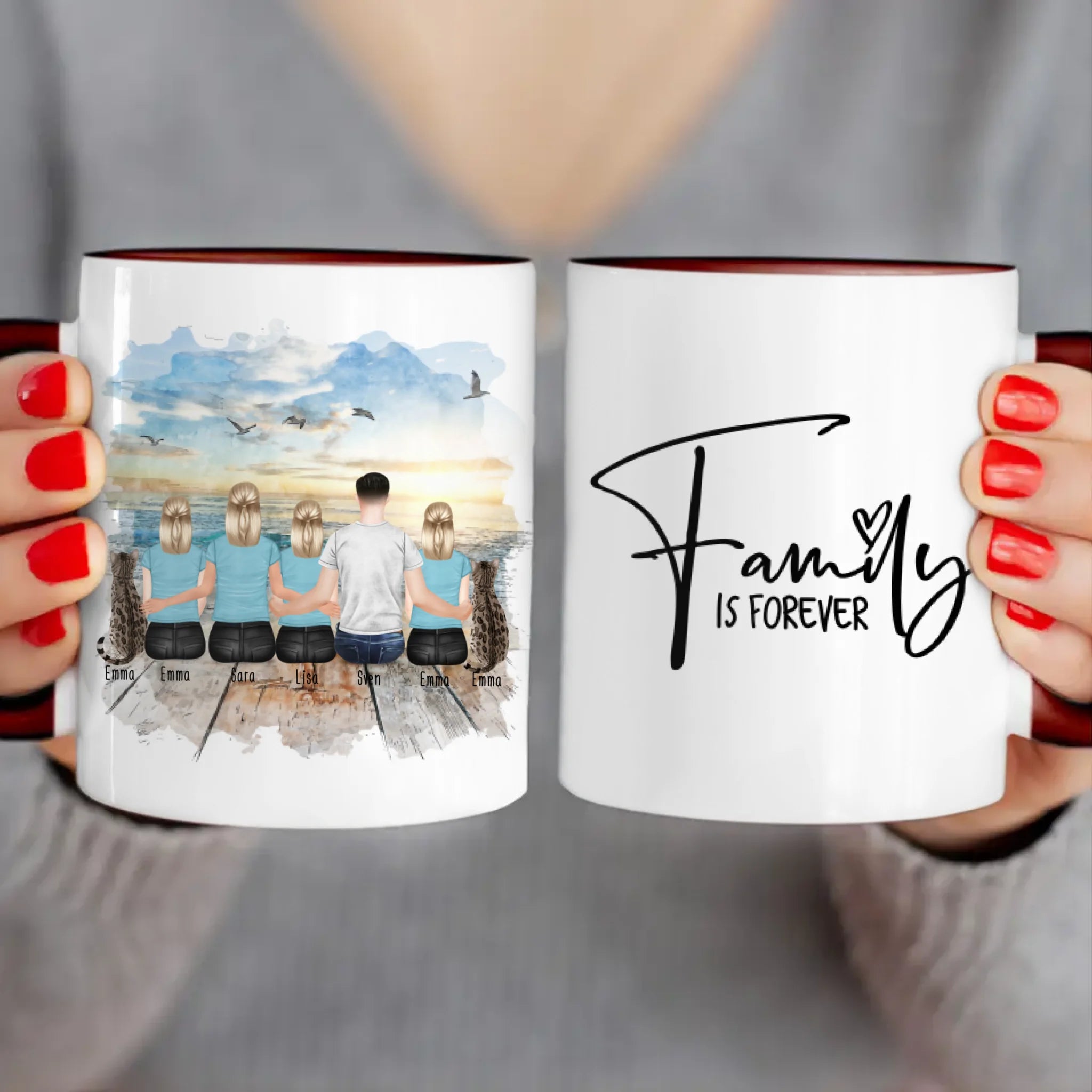 Personalisierte Tasse mit Familie (3 Teenagerinnen + 2 Katzen)