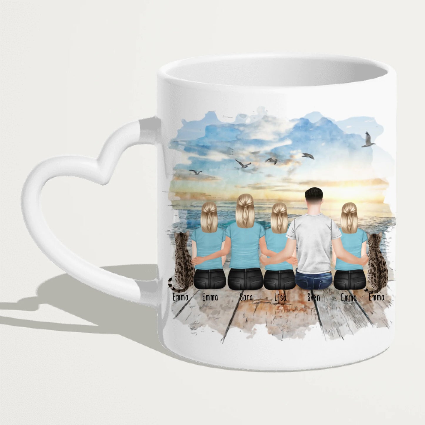 Personalisierte Tasse mit Familie (3 Teenagerinnen + 2 Katzen)