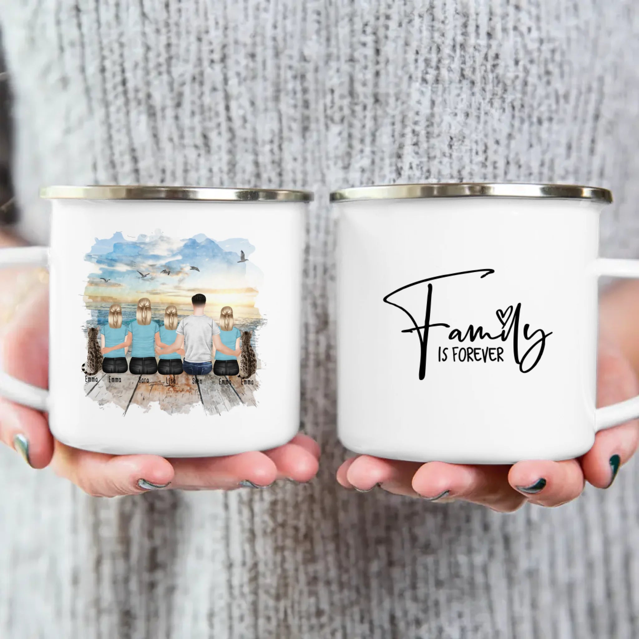 Personalisierte Tasse mit Familie (3 Teenagerinnen + 2 Katzen)