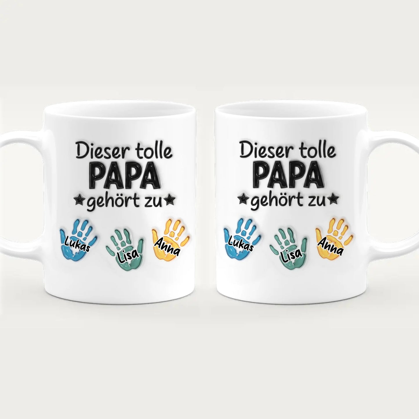 Personalisierte Tasse - "Dieser tolle Papa gehört zu" mit 1-6 Kinderhänden/Namen im 3D-Look