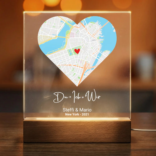 Personalisiertes Acryl-Licht - Karte in Herzform, Spruch, Namen & Ort