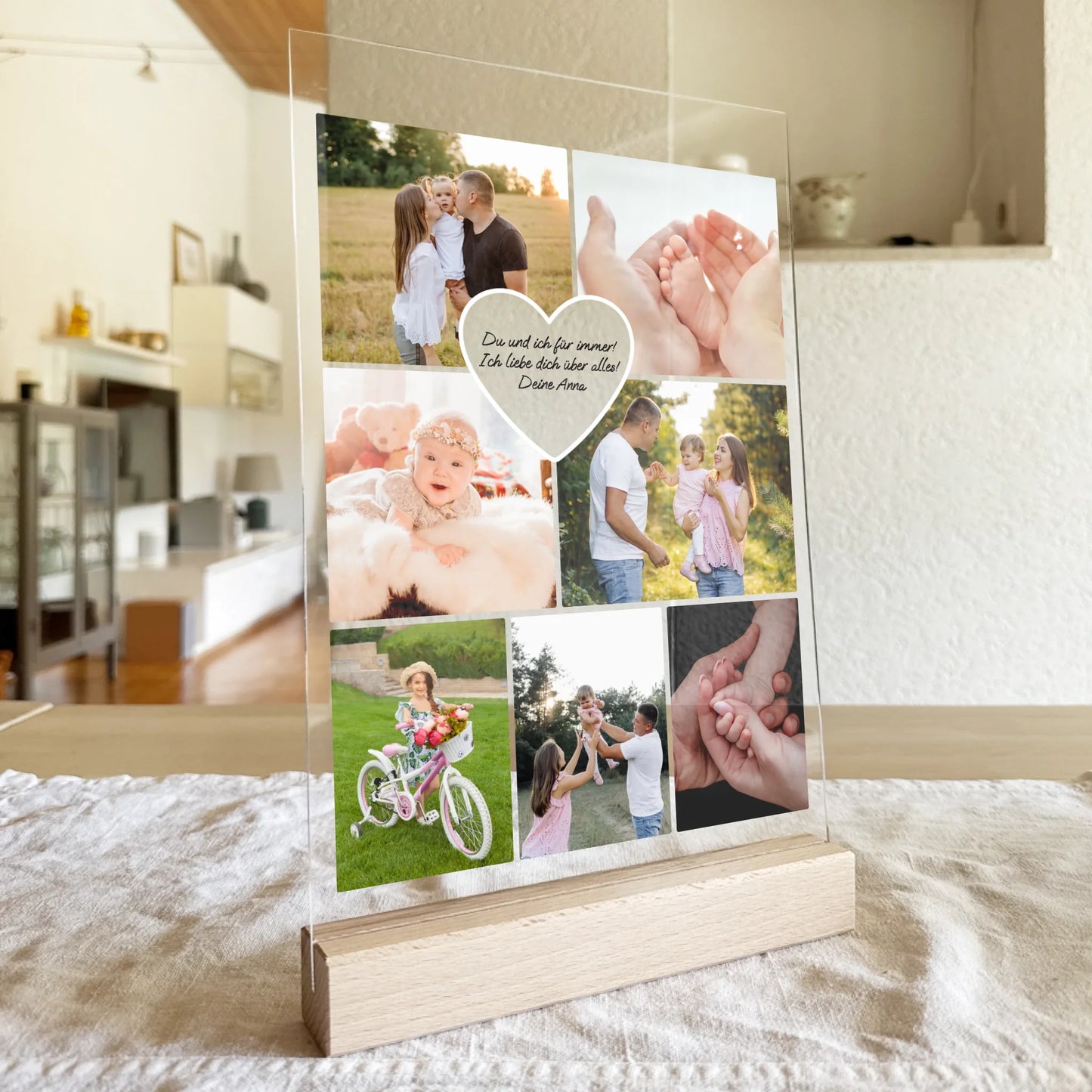 Personalisierte Acrylglasplatte - Familien Fotocollage mit Herz