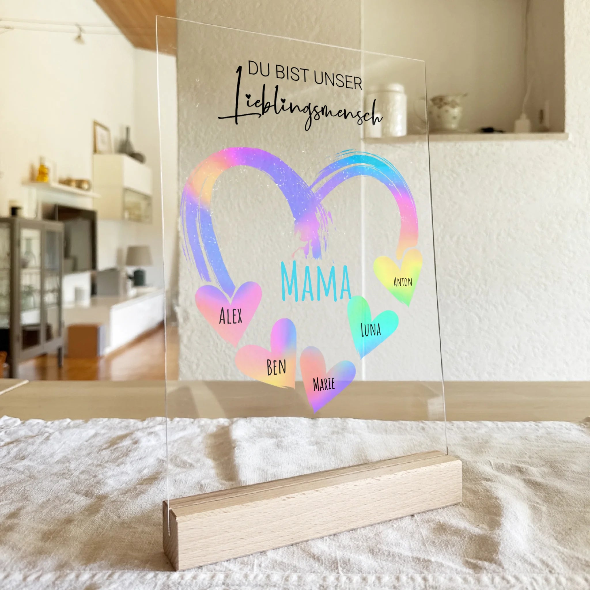 Personalisierte Acrylglasplatte - Herz mit 1-10 Namens-Herzen/Händen