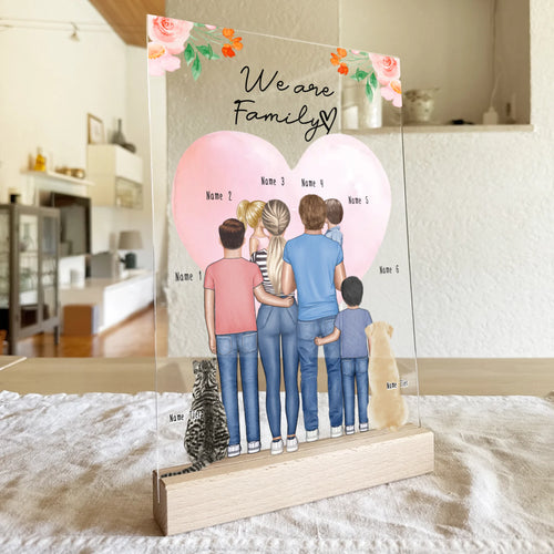Personalisierte Acrylglasplatte - Familie + 1-4 Kinder + 1-2 Hunde/Katzen
