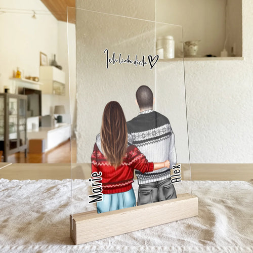 Personalisierte Acrylglasplatte mit Paar in Weihnachtspullovern (stehend) - Pärchen Acrylglasplatte - Weihnachts-Acrylglasplatte