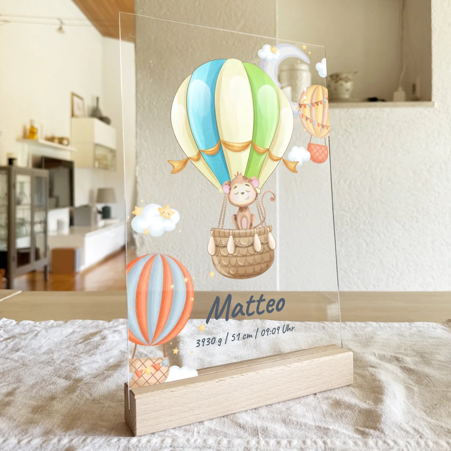 Personalisierte Baby/Kinder Acrylglasplatte - Heißluftballon mit schlafenden Tieren + Kindernamen - Mit Geburtsdaten