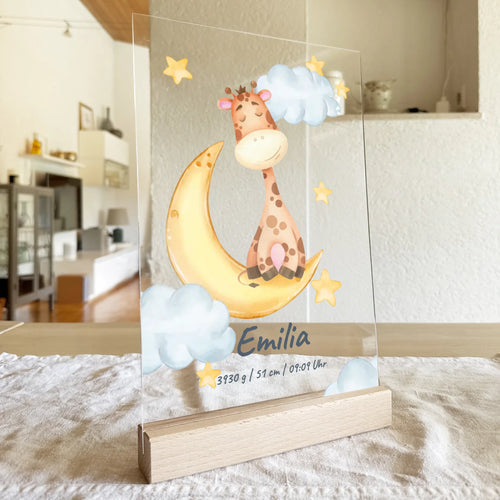 Personalisierte Baby/Kinder Acrylglasplatte - Mond mit schlafenden Tieren + Kindernamen - Mit Geburtsdaten