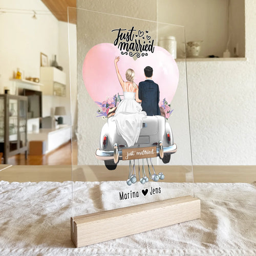 Personalisierte Acrylglasplatte - Hochzeitspaar auf Auto - Hochzeitsgeschenk