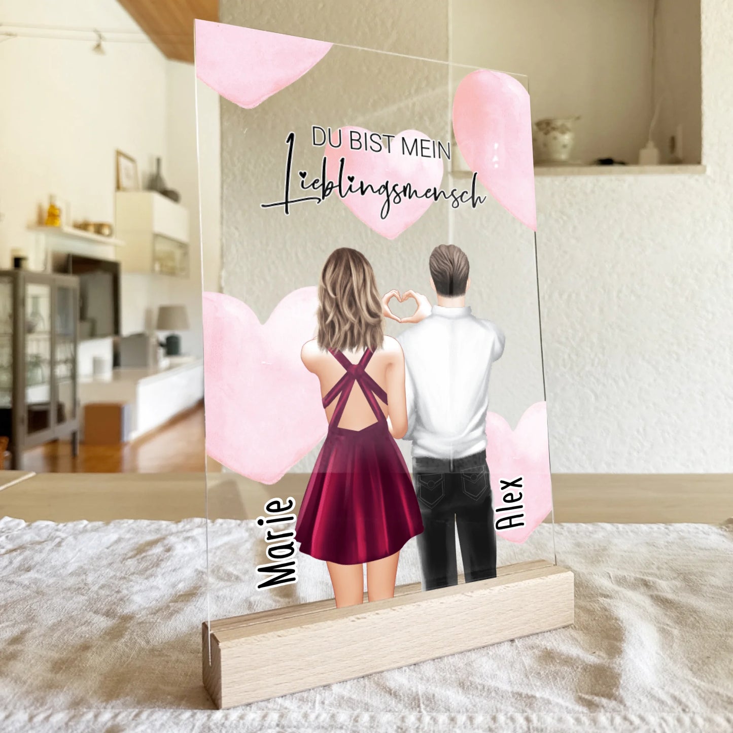 Personalisierte Acrylglasplatte mit Paar (stehend) - Herz mit Händen