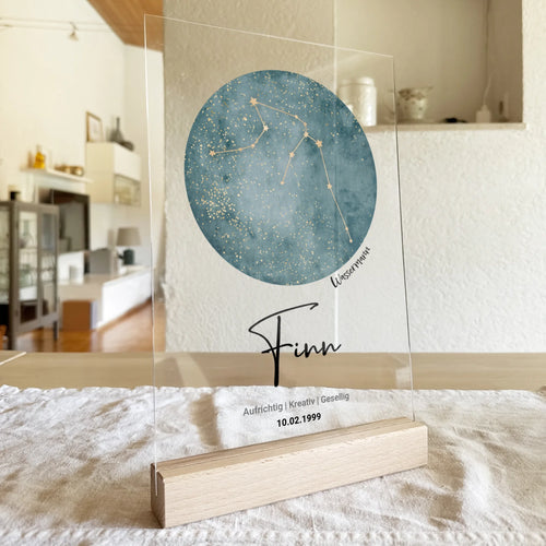 Personalisierte Sternzeichen Acrylglasplatte mit Name und Datum