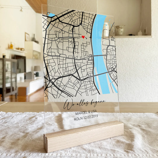 Personalisierte Acrylglasplatte - "Wo alles begann" - Karte mit Text