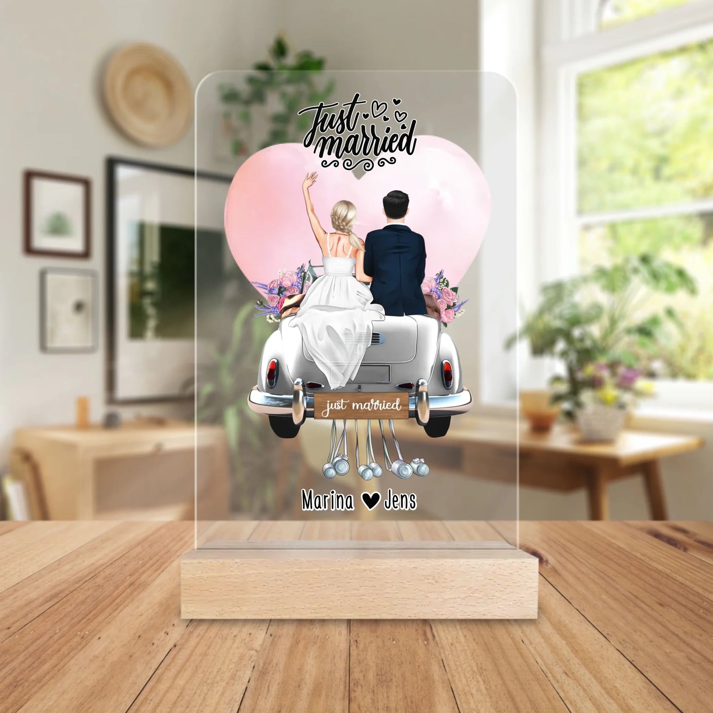 Personalisierte Acrylglasplatte - Hochzeitspaar auf Auto - Hochzeitsgeschenk