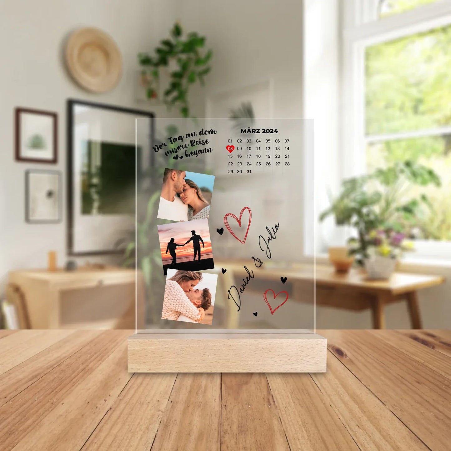 Personalisierte Acrylglasplatte - Der Tag an dem unsere Reise begann - Mit Kalender und Bildern