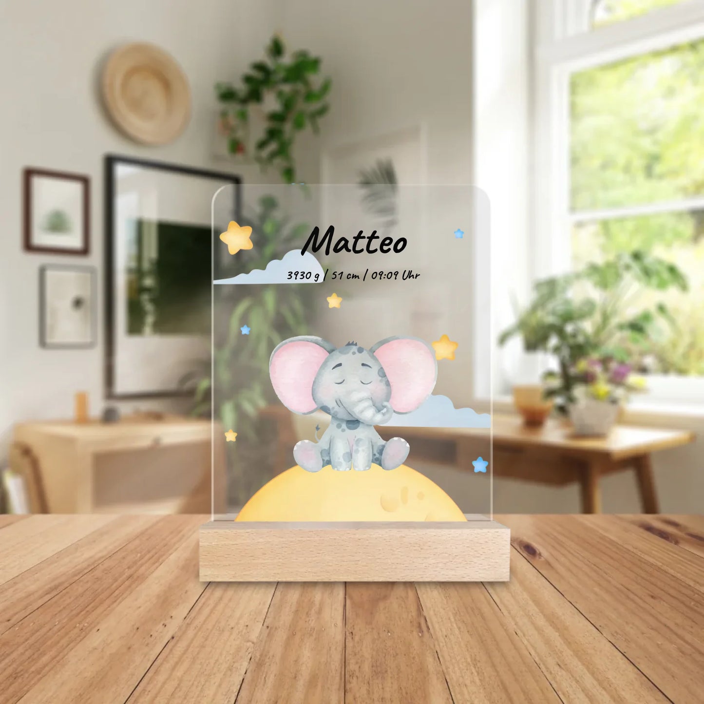 Personalisierte Baby/Kinder Acrylglasplatte - Sternenhimmel mit schlafenden Tieren + Kindernamen - Mit Geburtsdaten