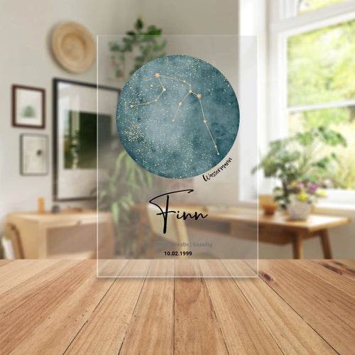 Personalisierte Sternzeichen Acrylglasplatte mit Name und Datum