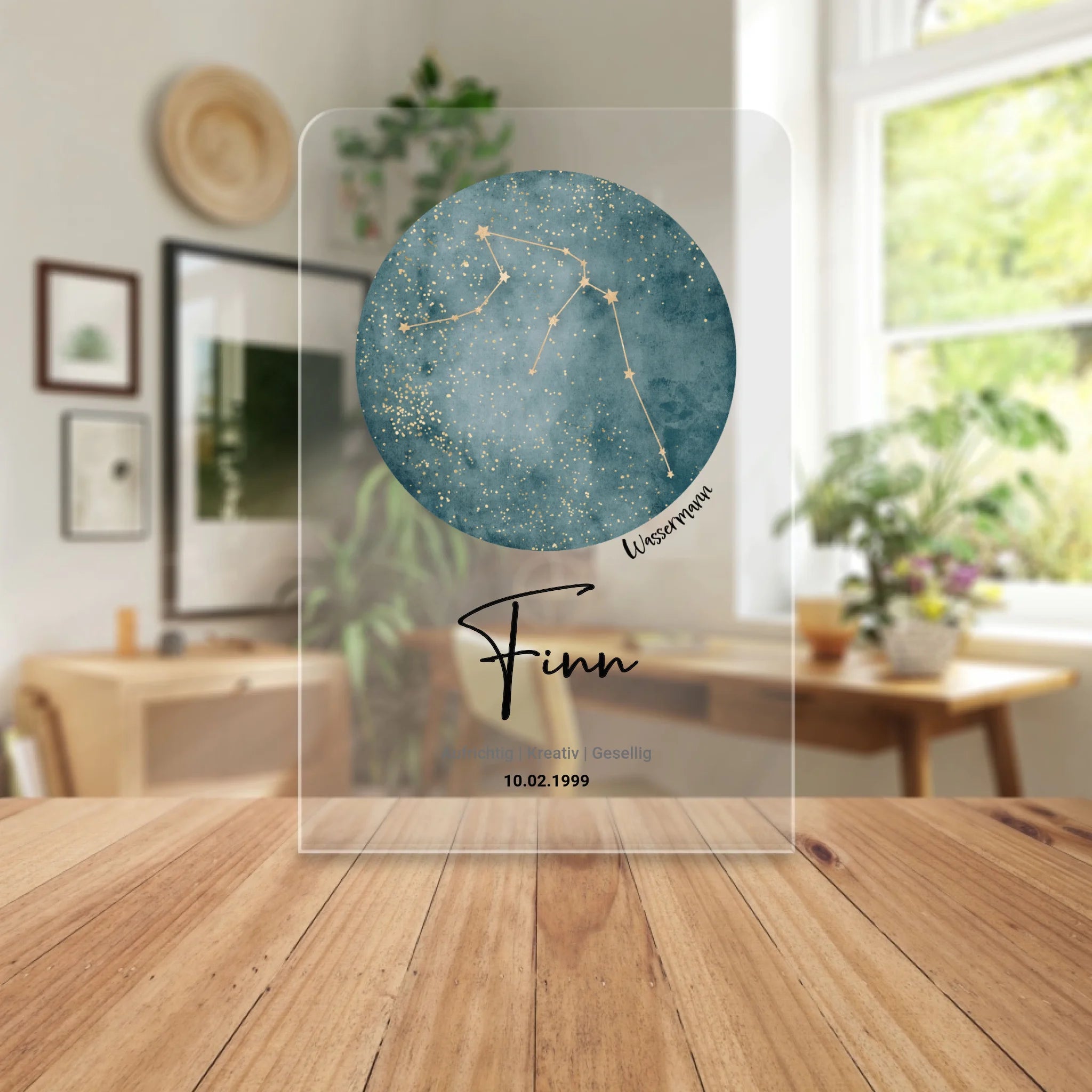Personalisierte Sternzeichen Acrylglasplatte mit Name und Datum