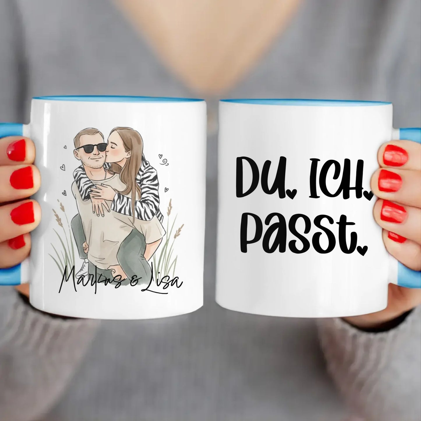 Personalisierte Tasse - Mit eigenem Bild im süßen Aquarell-Stil mit Namen und Spruch - Valentinstags Geschenk