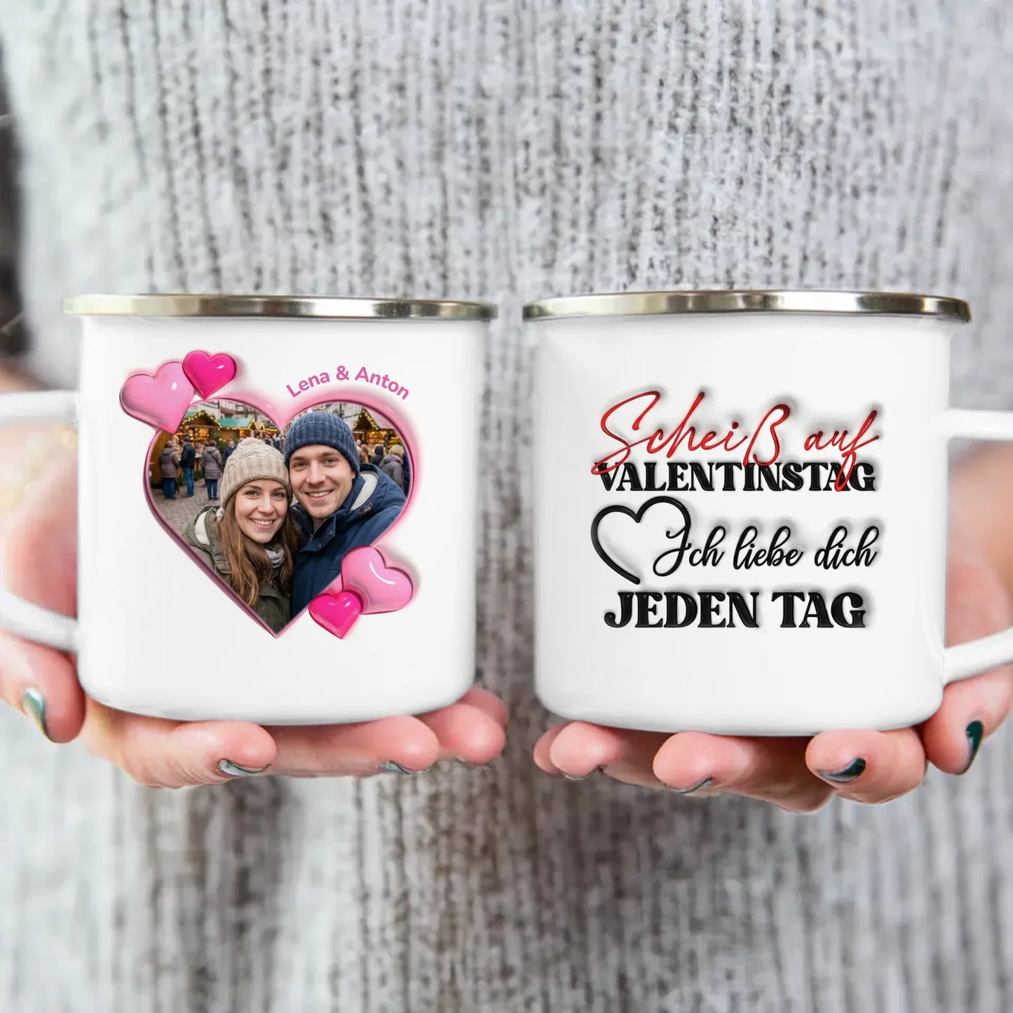 Personalisierte Tasse - "Scheiß auf Valentinstag..."-Spruch und eigenem Bild im 3D-Look - Geschenk zum Valentinstag