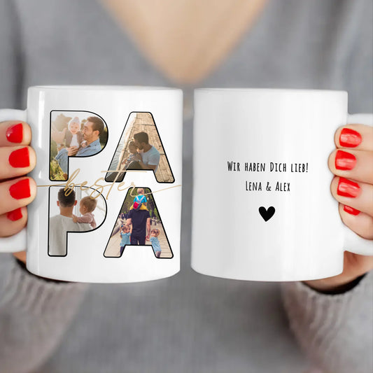 Personalisierte Tasse mit Papa Schriftzug und deinen Bildern