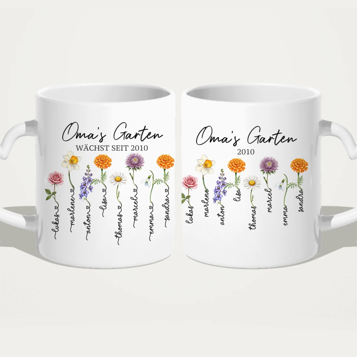 Personalisierte Tasse - Omas Garten mit 1-8 Blumen/Namen