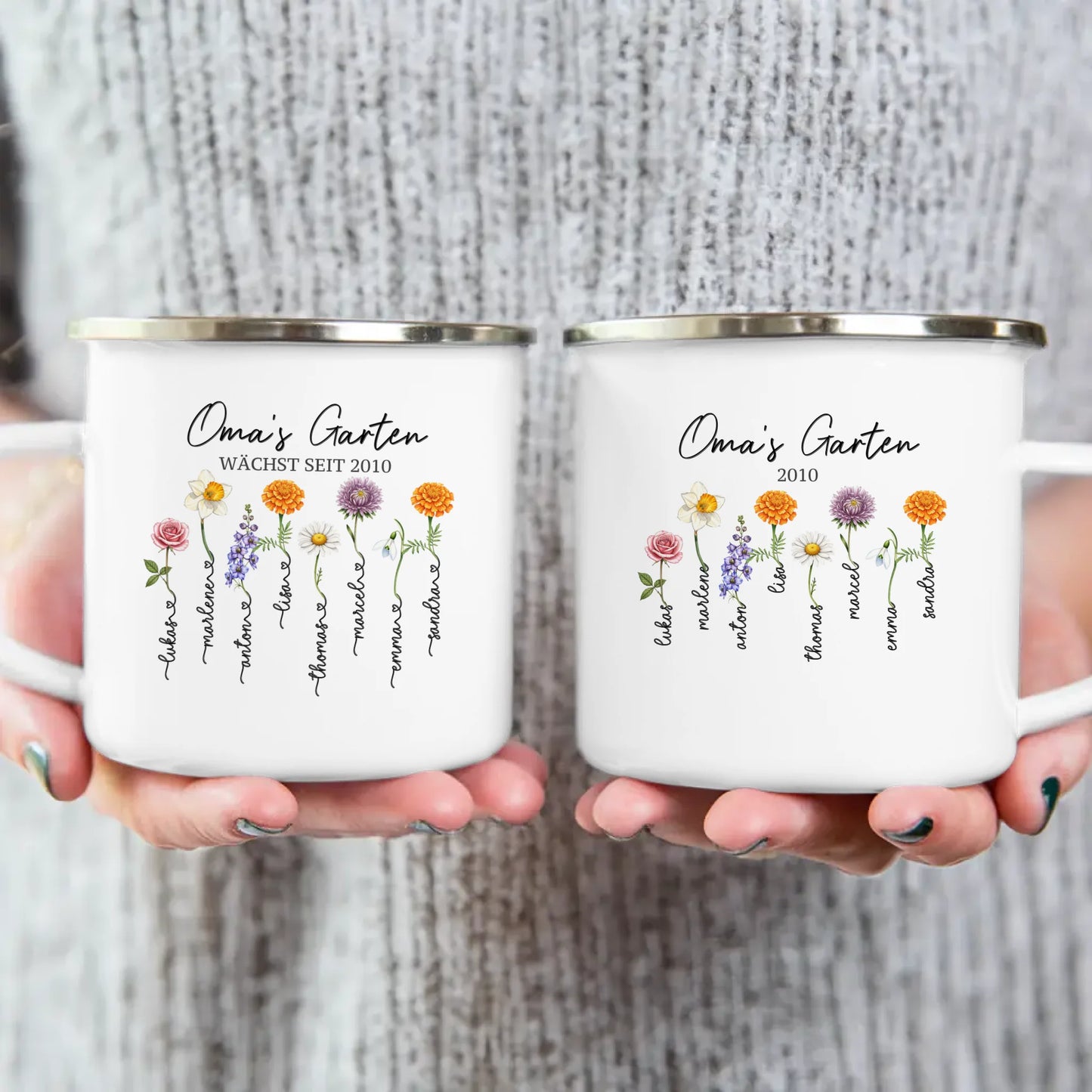 Personalisierte Tasse - Omas Garten mit 1-8 Blumen/Namen