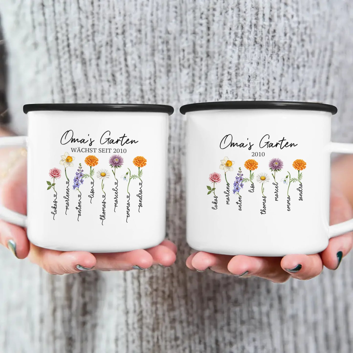 Personalisierte Tasse - Omas Garten mit 1-8 Blumen/Namen