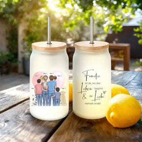 Personalisiertes Trinkglas mit Strohhalm - Familie mit 1-4 Kindern + 1-2 Hunde/Katzen