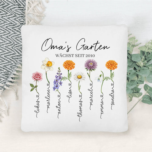 Personalisiertes Kissen - Omas Garten mit 1-8 Blumen/Namen