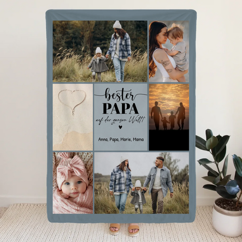 Personalisierte Decke - Bester Papa auf der ganzen Welt - Fotocollage mit 6 Bildern