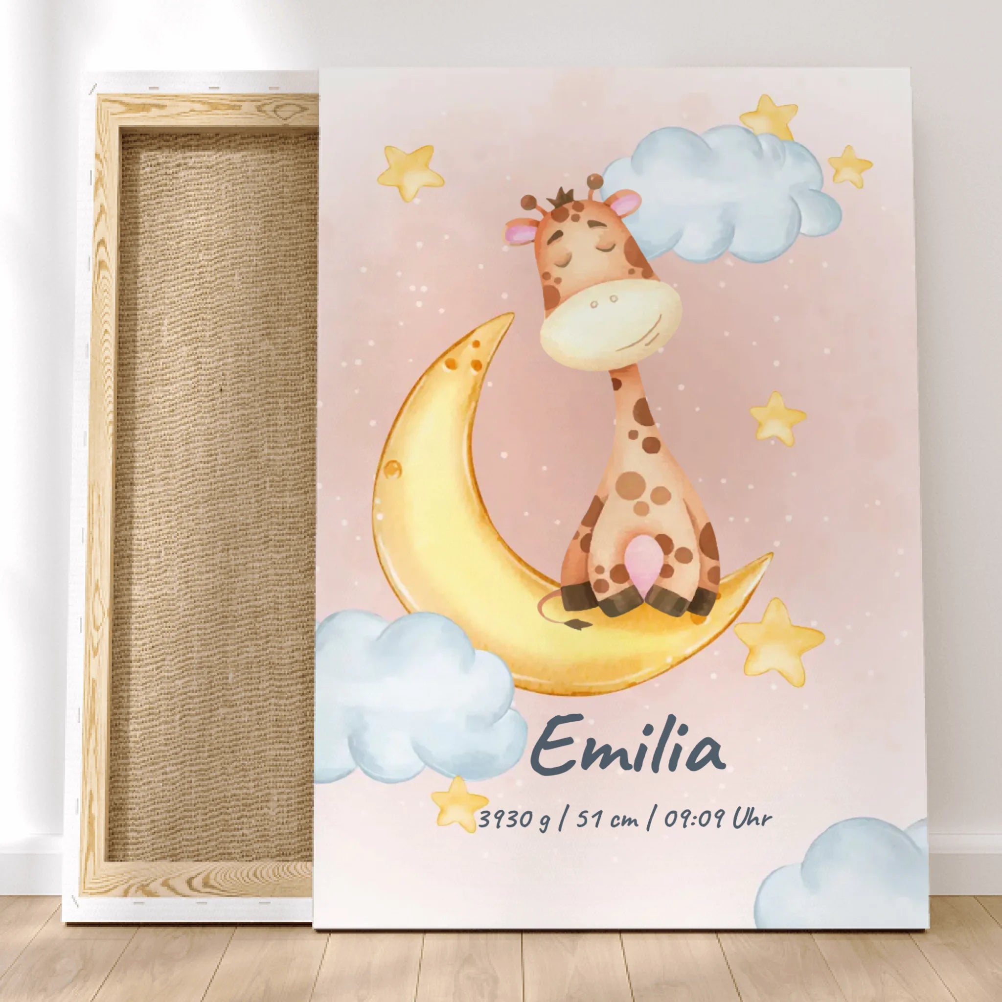Personalisierte Baby/Kinder Leinwand - Mond mit schlafenden Tieren + Kindernamen