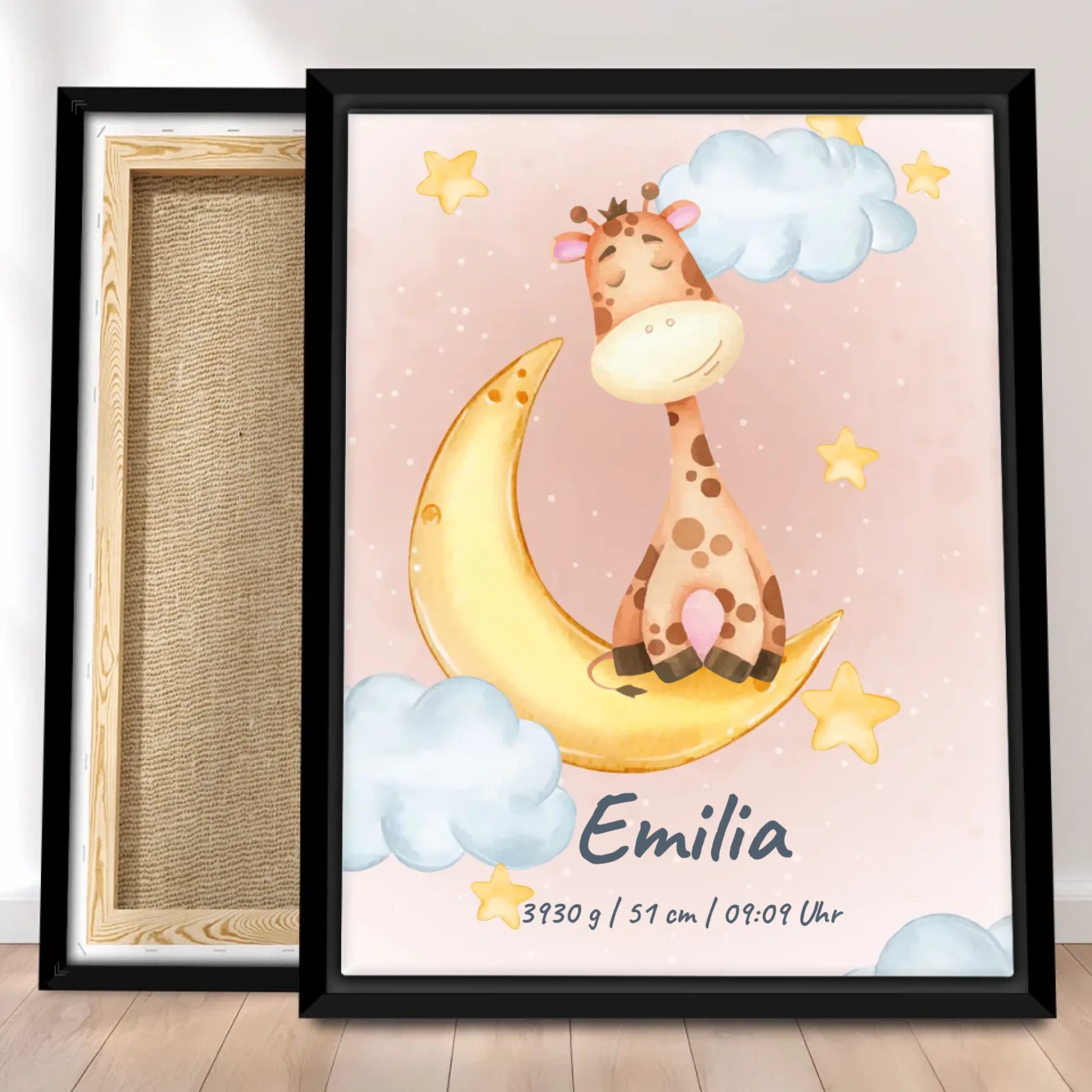 Personalisierte Baby/Kinder Leinwand - Mond mit schlafenden Tieren + Kindernamen