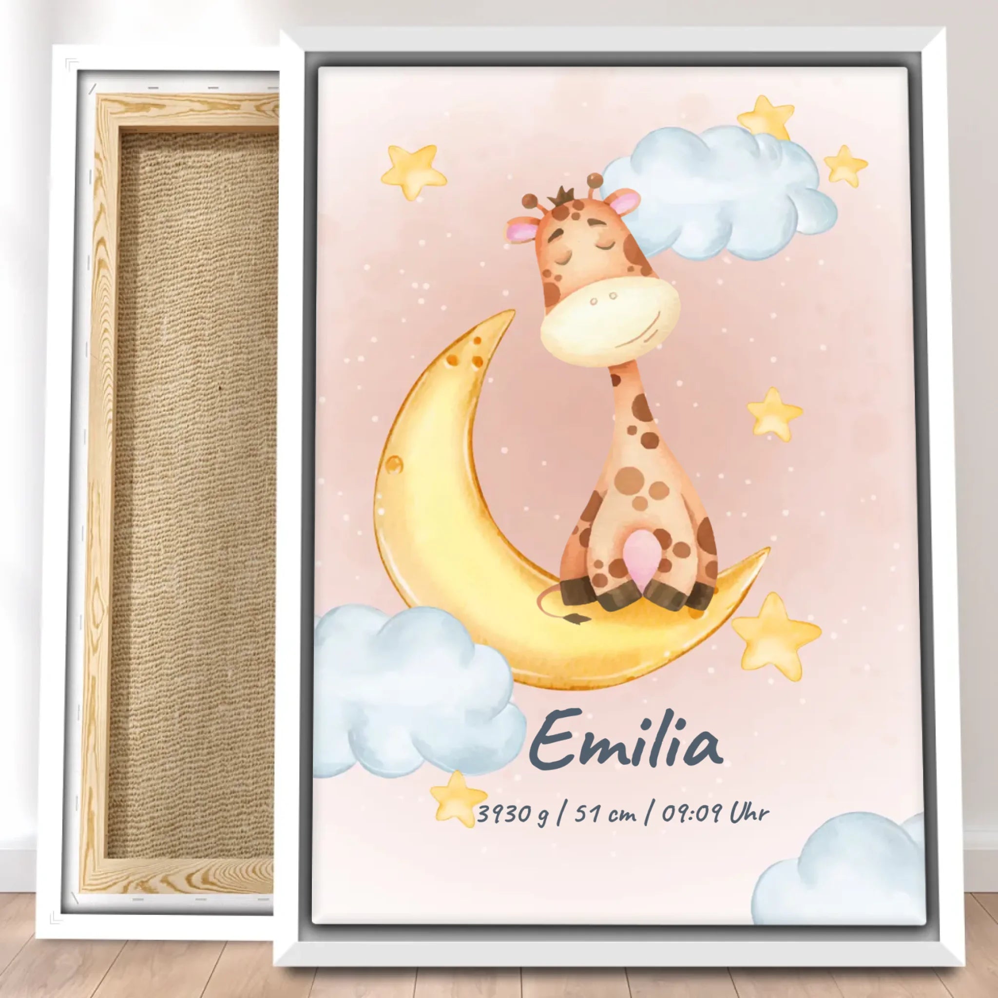 Personalisierte Baby/Kinder Leinwand - Mond mit schlafenden Tieren + Kindernamen