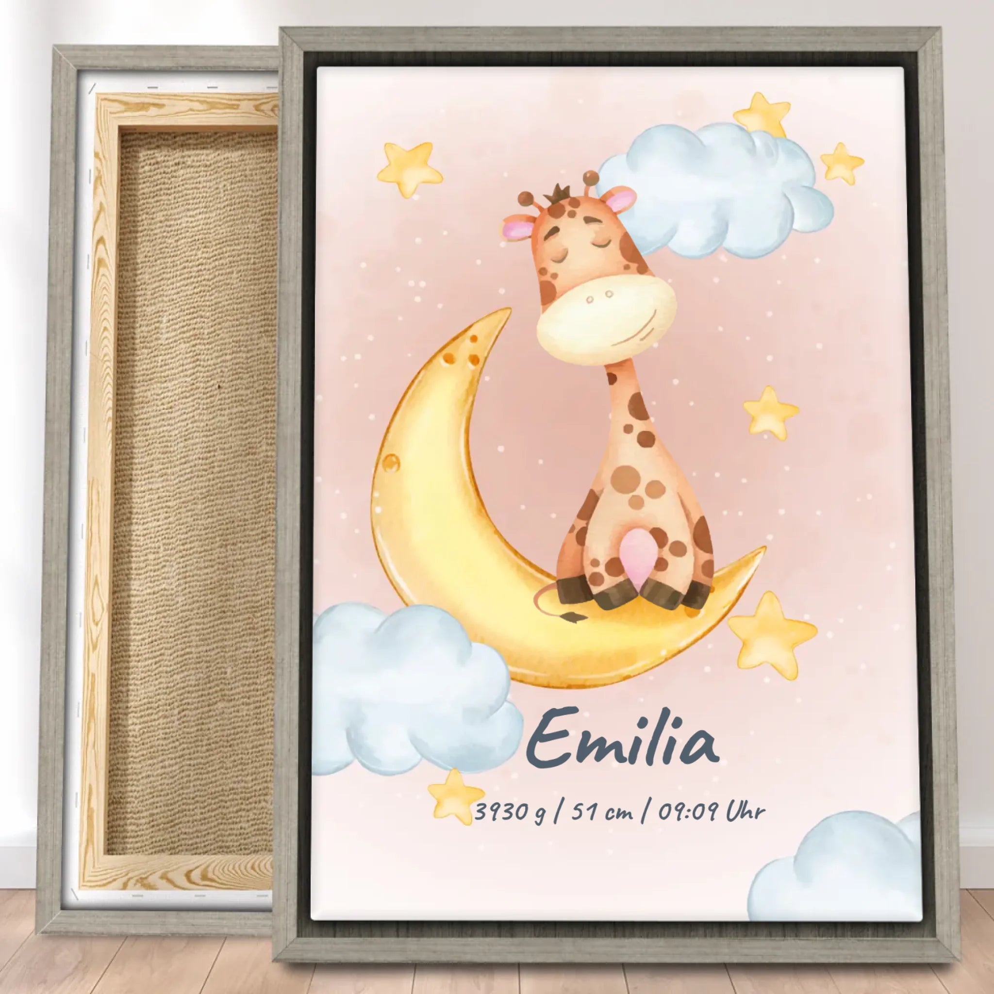 Personalisierte Baby/Kinder Leinwand - Mond mit schlafenden Tieren + Kindernamen