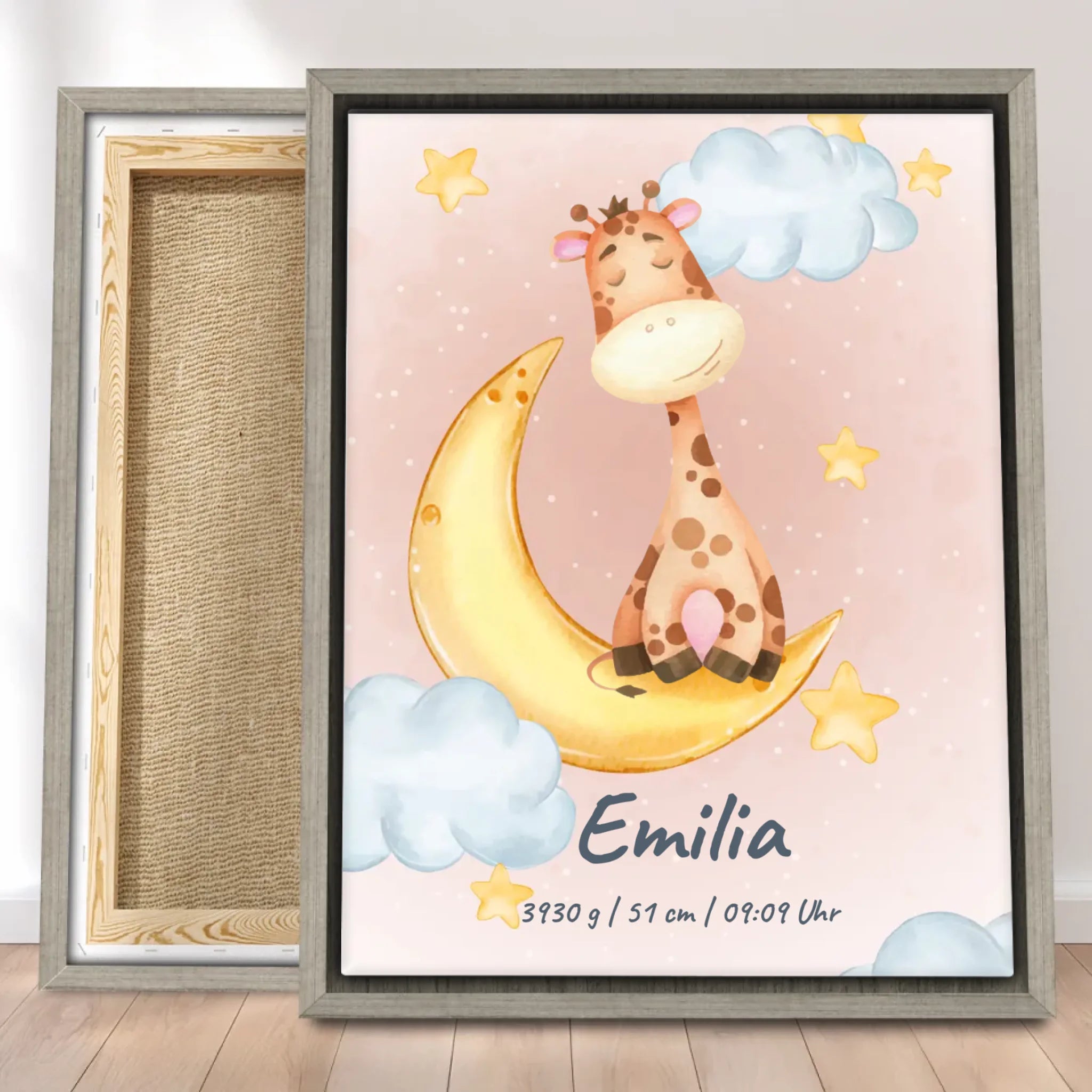 Personalisierte Baby/Kinder Leinwand - Mond mit schlafenden Tieren + Kindernamen