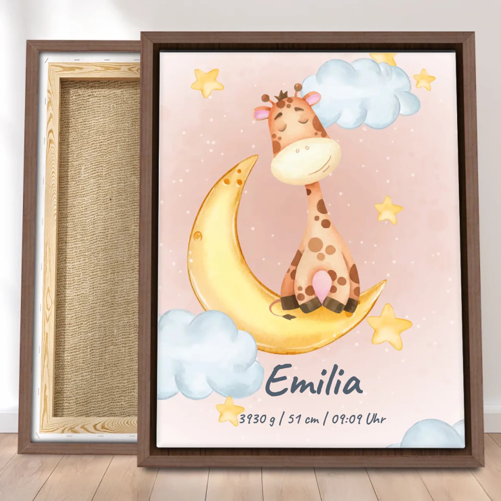 Personalisierte Baby/Kinder Leinwand - Mond mit schlafenden Tieren + Kindernamen