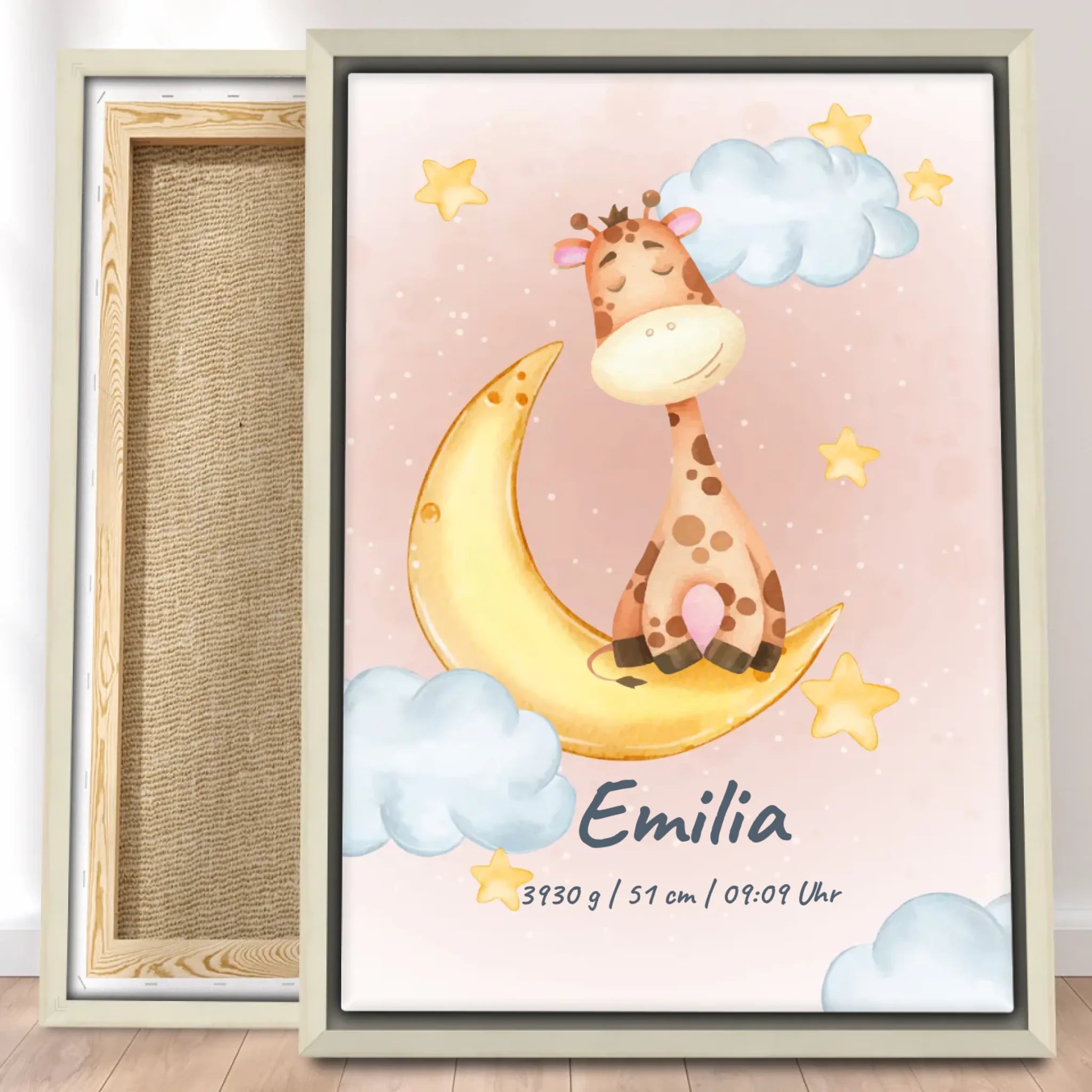 Personalisierte Baby/Kinder Leinwand - Mond mit schlafenden Tieren + Kindernamen