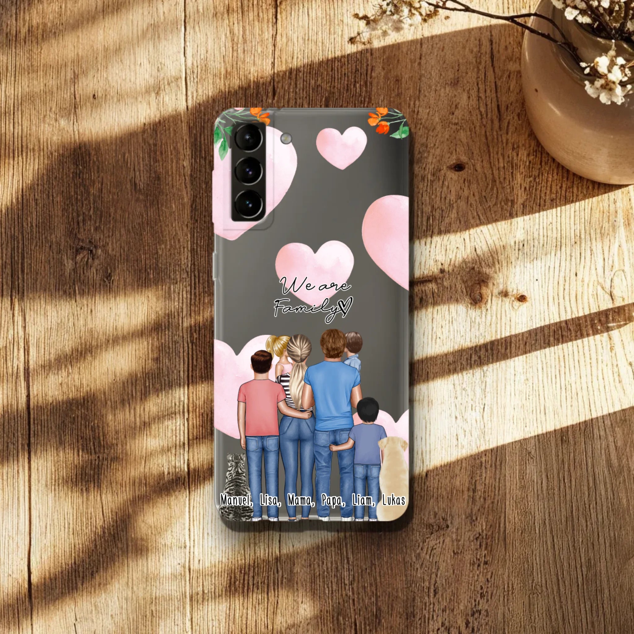 Personalisierte Handyhülle - Familie mit 1-4 Kindern + 1-2 Hunde/Katzen