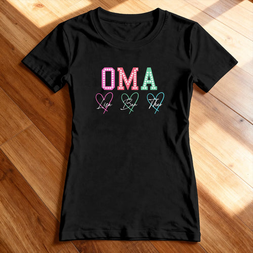 Personalisiertes T-Shirt - Oma Schriftzug mit 1-9 Kindernamen