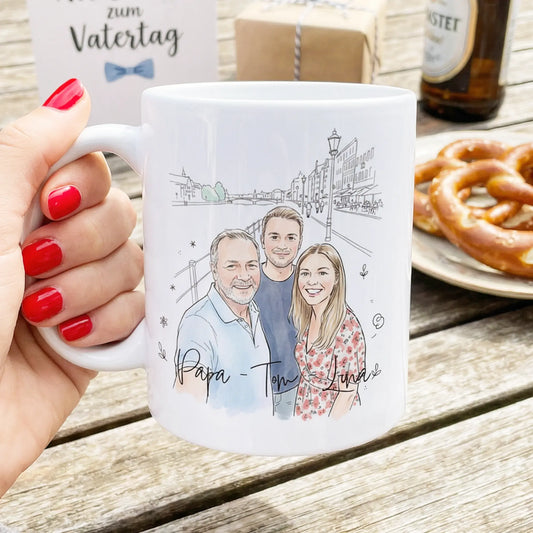 Personalisierte Tasse - Mit eigenem Bild im süßen Aquarell-Stil mit Namen und Spruch - Vatertagsgeschenk