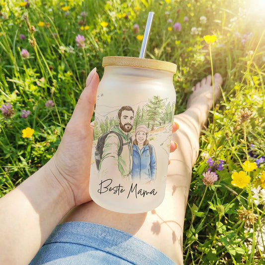 Personalisiertes Trinkglas im süßen Aquarellstil mit eigenem Bild - Muttertagsgeschenk - Trinkglas mit Strohhalm