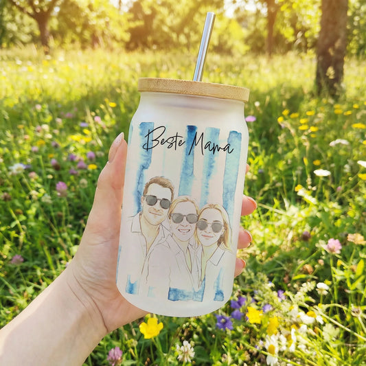 Personalisiertes Trinkglas im süßen Aquarellstil mit eigenem Bild - Muttertagsgeschenk - Trinkglas mit Strohhalm